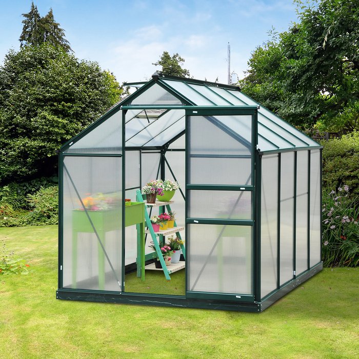The Range | Outsunny Clear Polycarbonate Large Walk In Greenhouse - Dark Green Frame / 252cm Outsunny Clear Polycarbonate Large Walk In Greenhouse - Dark Green Frame / 252cm