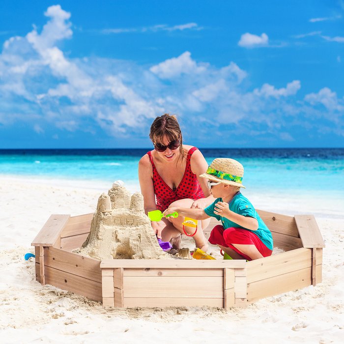 The Range | Outsunny Kids Wooden Octagon Sandbox with polyester Cover, Seat Board - Natural Outsunny Kids Wooden Octagon Sandbox with polyester Cover, Seat Board - Natural