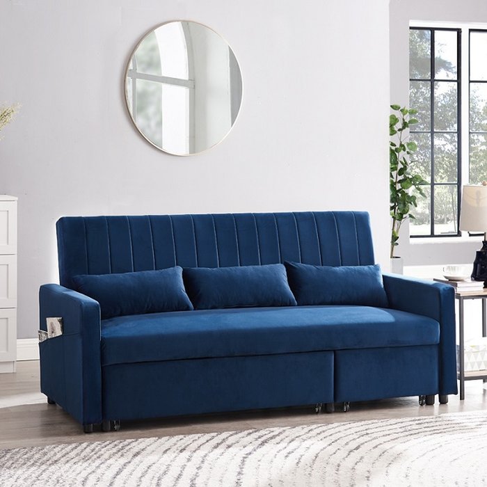 The Range | GRS Cornwall 3 Seater Sofa Bed Storage Chaise Pull Out Fabric - Blue Velvet / Fabric Velvet GRS Cornwall 3 Seater Sofa Bed Storage Chaise Pull Out Fabric - Blue Velvet / Fabric Velvet