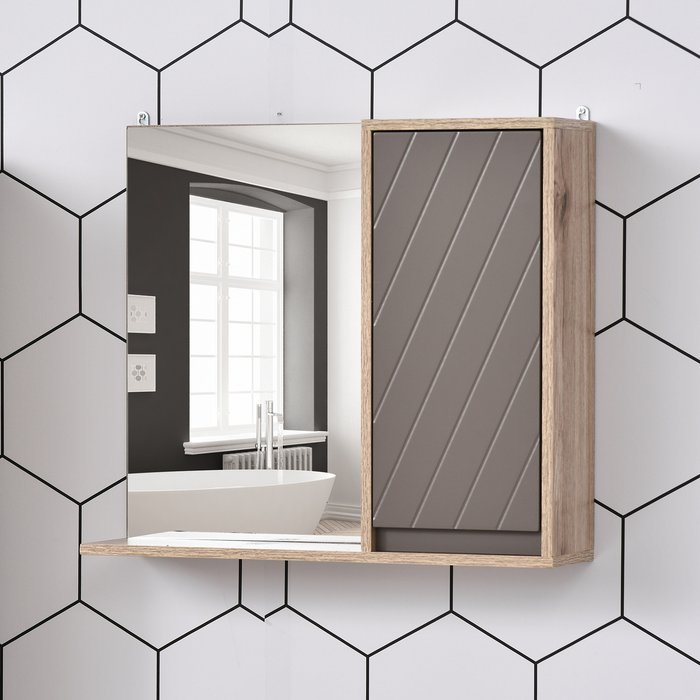 The Range | HOMCOM Wall Mounting Bathroom Cabinet & Mirror - Grey & Oak Brown HOMCOM Wall Mounting Bathroom Cabinet & Mirror - Grey & Oak Brown