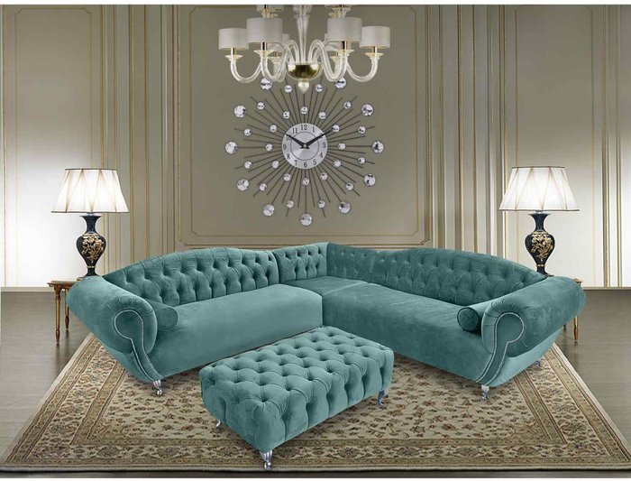 The Range | Simply Eleganza Lavis Corner Sofa with Footstool in Velour Fabric - Turquoise Simply Eleganza Lavis Corner Sofa with Footstool in Velour Fabric - Turquoise