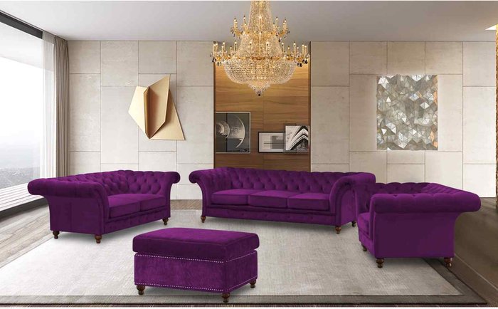 The Range | Simply Eleganza Marcus Chesterfield 4 Piece Sofa Set in Velour Fabric - Purple Simply Eleganza Marcus Chesterfield 4 Piece Sofa Set in Velour Fabric - Purple