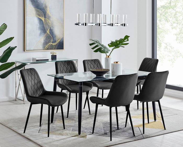 The Range | FurnitureboxUK Pisa Black Leg Glass Dining Table with 6 Pesaro Black Leg Chairs - Black FurnitureboxUK Pisa Black Leg Glass Dining Table with 6 Pesaro Black Leg Chairs - Black