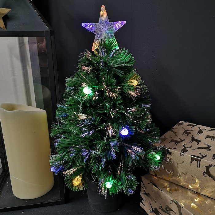 The Range | Samuel Alexander 60cm Battery Operated Pre Lit Fibre Optic Multi Function Colour Christmas Tree - Green Samuel Alexander 60cm Battery Operated Pre Lit Fibre Optic Multi Function Colour Christmas Tree - Green