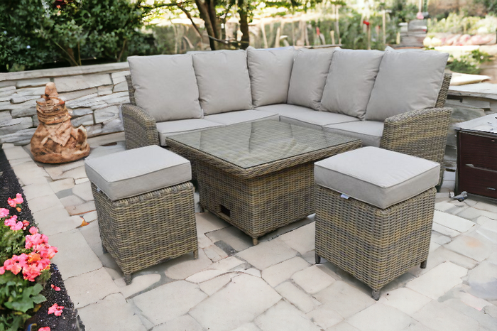 The Range | Prestige Lifestyle Luxury Rattan 6 Seater Elliptical Reclining Dining Set with Lazy Susan - Sandstone Prestige Lifestyle Luxury Rattan 6 Seater Elliptical Reclining Dining Set with Lazy Susan - Sandstone