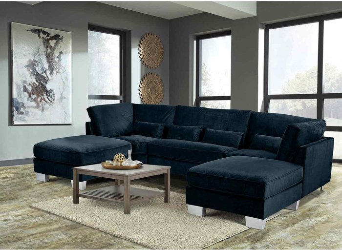 The Range | Simply Eleganza Almora Full Back Corner U Shape Sofa Velour Fabric with 2 Footstools - Blue Simply Eleganza Almora Full Back Corner U Shape Sofa Velour Fabric with 2 Footstools - Blue