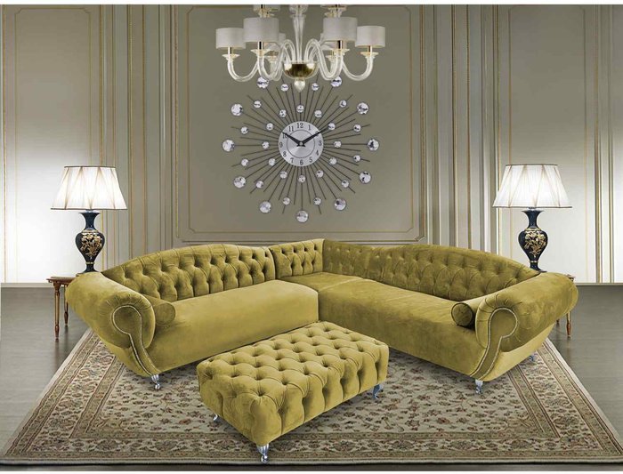 The Range | Simply Eleganza Lavis Corner Sofa with Footstool in Velour Fabric - Yellow Simply Eleganza Lavis Corner Sofa with Footstool in Velour Fabric - Yellow