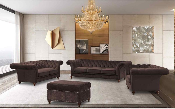 The Range | Simply Eleganza Marcus Chesterfield 4 Piece Sofa Set in Velour Fabric - Brown Simply Eleganza Marcus Chesterfield 4 Piece Sofa Set in Velour Fabric - Brown