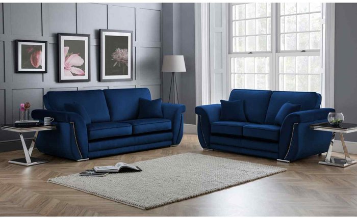 The Range | Simply Eleganza Luca 3 and 2 Seater Full Back Sofa Set Velvet with Beading - Navy Simply Eleganza Luca 3 and 2 Seater Full Back Sofa Set Velvet with Beading - Navy