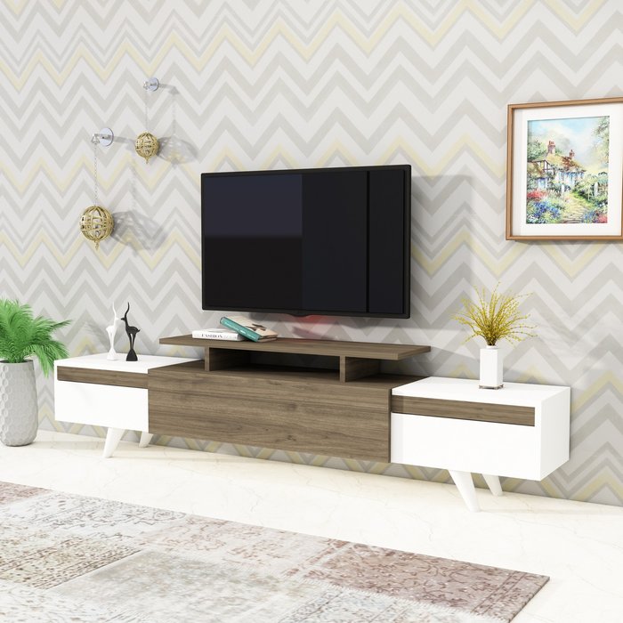 The Range | Destina Home Sirius TV Stand and Media Console with Cabinets and Shelves - White - Walnut Destina Home Sirius TV Stand and Media Console with Cabinets and Shelves - White - Walnut