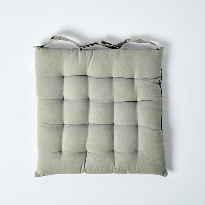 The Range | Homescapes Solid Cotton Seat Pad with Button Straps - Grey / 5cm Homescapes Solid Cotton Seat Pad with Button Straps - Grey / 5cm