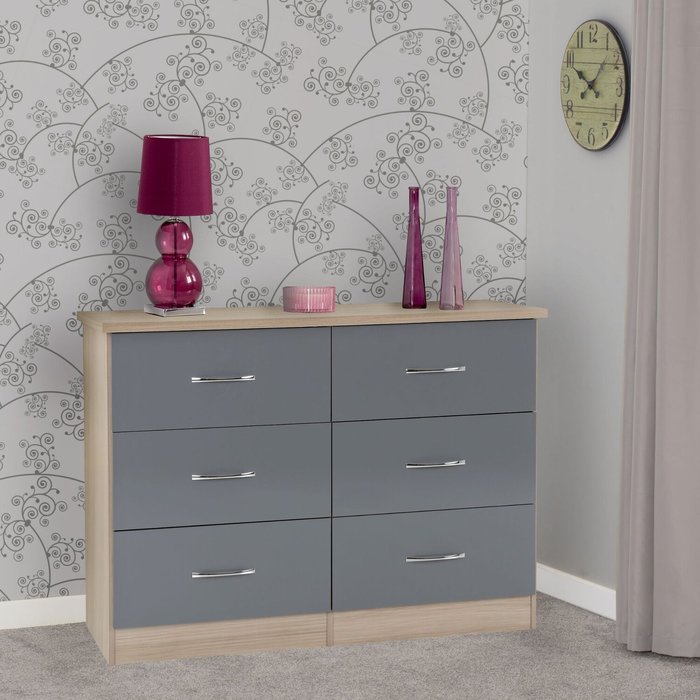 The Range | Seconique Nevada 6 Drawer Chest - Grey Gloss, Light Oak Seconique Nevada 6 Drawer Chest - Grey Gloss, Light Oak