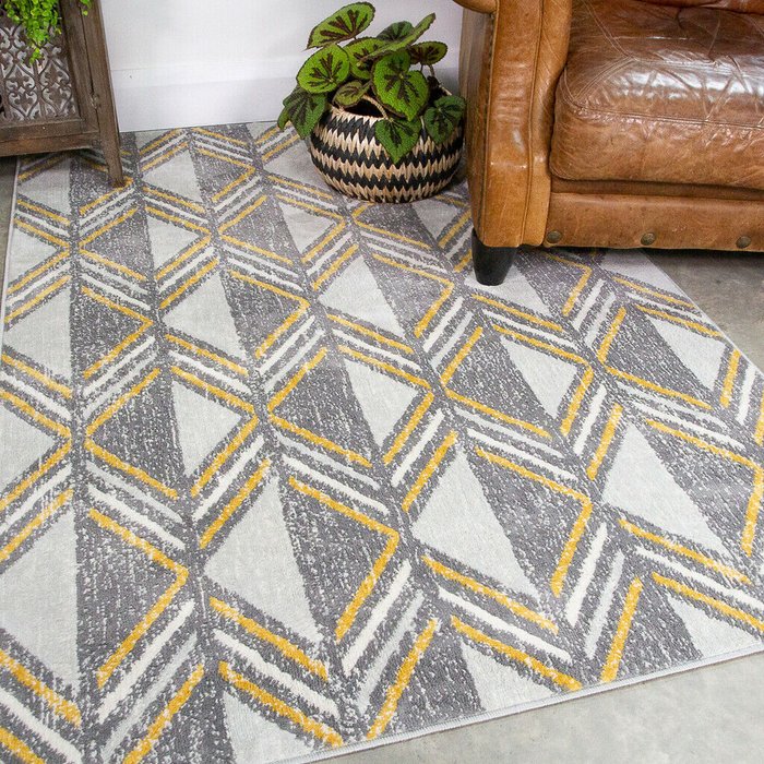 The Range | The Rug Wholesaler Ochre And Grey Geometric Area Rug - Lisbon - Grey / 170cm The Rug Wholesaler Ochre And Grey Geometric Area Rug - Lisbon - Grey / 170cm