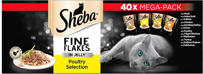 The Range | Sheba Pack of 40 Sheba Fine Flakes in Jelly Poultry Selection Sheba Pack of 40 Sheba Fine Flakes in Jelly Poultry Selection