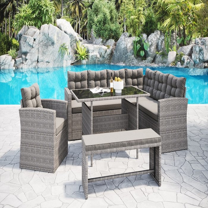 The Range | GRS Girona Rattan 5pcs Corner Dining Set - Grey GRS Girona Rattan 5pcs Corner Dining Set - Grey