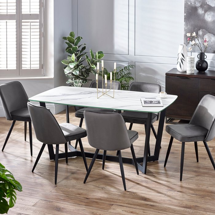 The Range | Julian Bowen Olympus White Marble Effect Table and Burgess Chairs Set - Grey Julian Bowen Olympus White Marble Effect Table and Burgess Chairs Set - Grey