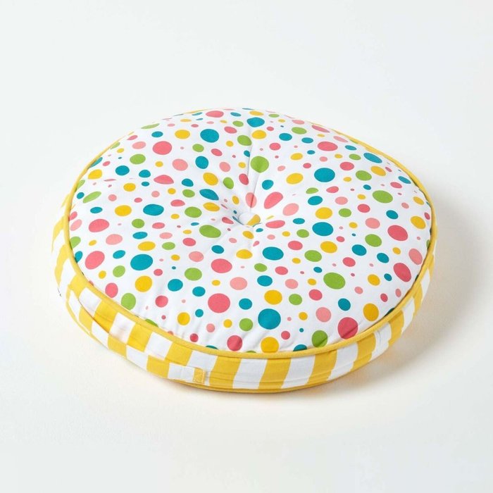 The Range | Homescapes Multi Polka Dots Yellow Stripes Childrens Round Floor Cushion - Yellow Homescapes Multi Polka Dots Yellow Stripes Childrens Round Floor Cushion - Yellow