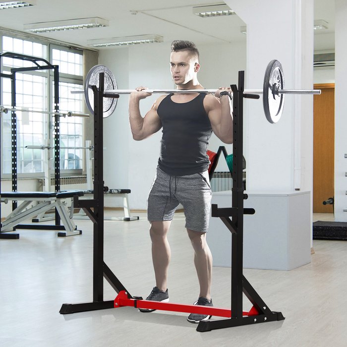 The Range | HOMCOM Barbell Rack Squat Dip Stand Weight Lifting Bench - Black and red HOMCOM Barbell Rack Squat Dip Stand Weight Lifting Bench - Black and red