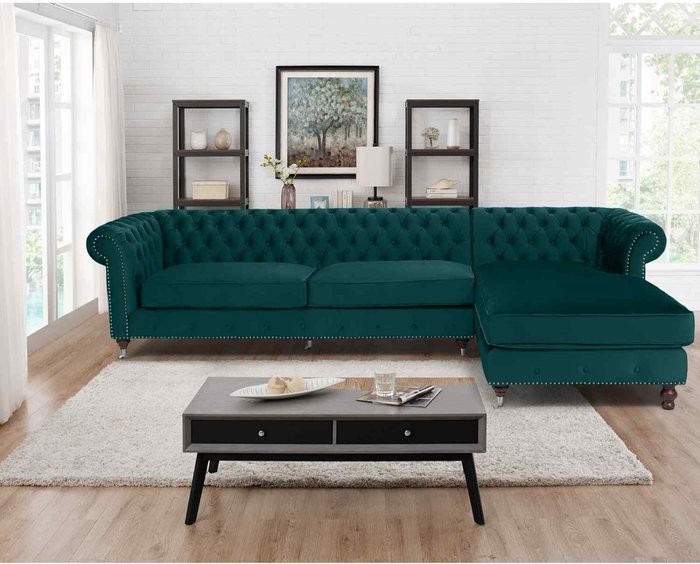 The Range | Simply Eleganza Kayla Chesterfield L Shape Left Hand Corner Sofa - Green Simply Eleganza Kayla Chesterfield L Shape Left Hand Corner Sofa - Green