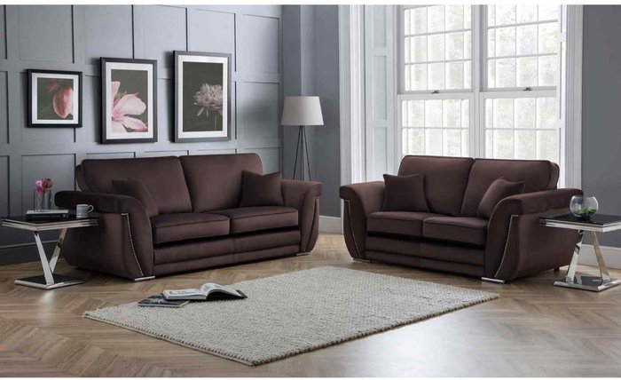 The Range | Simply Eleganza Luca 3 and 2 Seater Full Back Sofa Set Velvet with Beading - Brown Simply Eleganza Luca 3 and 2 Seater Full Back Sofa Set Velvet with Beading - Brown
