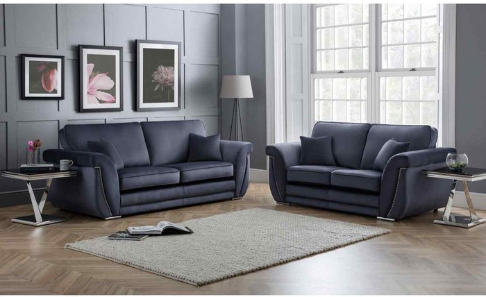 The Range | Simply Eleganza Luca 3 and 2 Seater Full Back Sofa Set Velvet with Beading - Grey Simply Eleganza Luca 3 and 2 Seater Full Back Sofa Set Velvet with Beading - Grey