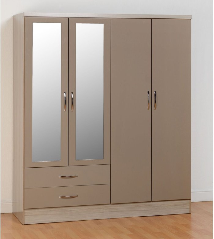 The Range | Seconique Nevada 4 Door 2 Drawer Wardrobe - Oyster Gloss, Light Oak Seconique Nevada 4 Door 2 Drawer Wardrobe - Oyster Gloss, Light Oak