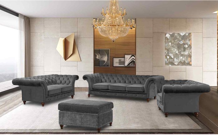 The Range | Simply Eleganza Marcus Chesterfield 4 Piece Sofa Set in Velour Fabric - Grey Simply Eleganza Marcus Chesterfield 4 Piece Sofa Set in Velour Fabric - Grey