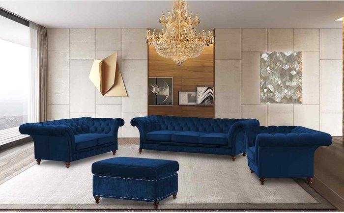 The Range | Simply Eleganza Marcus Chesterfield 4 Piece Sofa Set in Velour Fabric - Blue Simply Eleganza Marcus Chesterfield 4 Piece Sofa Set in Velour Fabric - Blue