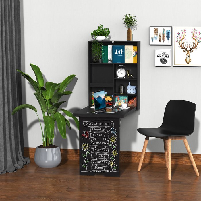 The Range | HOMCOM HOMCOM Fold Out Wall Mounted Home Office Desk With Storage Shelving and Chalkboard Black HOMCOM HOMCOM Fold Out Wall Mounted Home Office Desk With Storage Shelving and Chalkboard Black