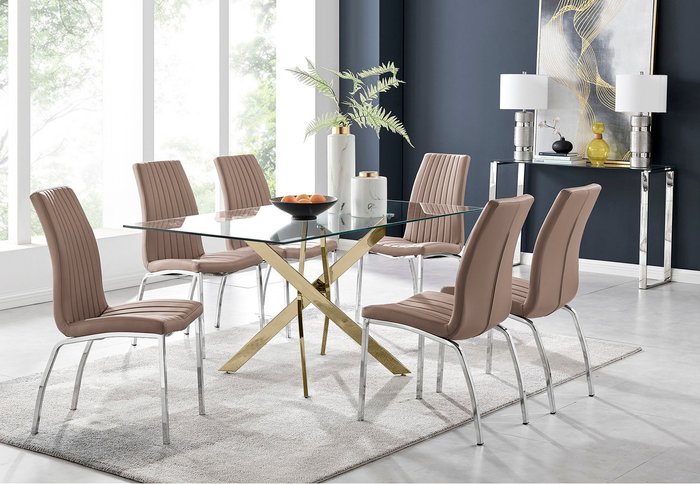 The Range | FurnitureboxUK Leonardo Gold Dining Table With Six Isco Chairs - Cappuccino FurnitureboxUK Leonardo Gold Dining Table With Six Isco Chairs - Cappuccino
