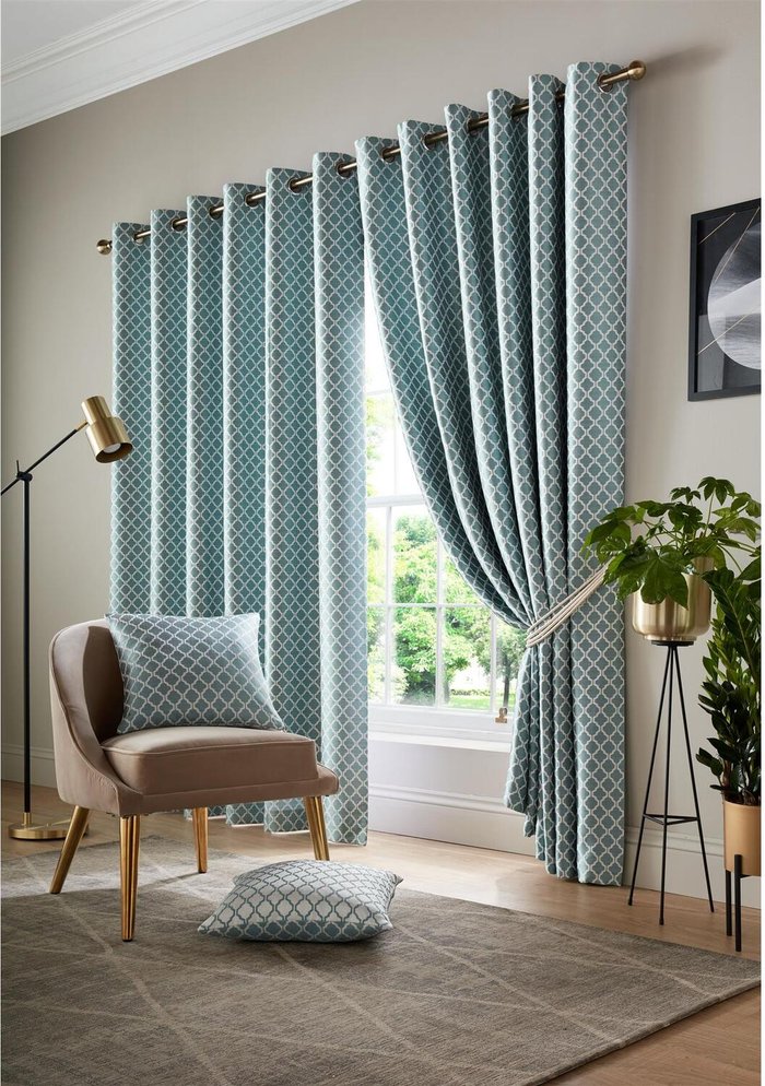 The Range | Livinluxury Wold Eyelet Ring Top Curtains - Teal/White / 167cm / 137cm Livinluxury Wold Eyelet Ring Top Curtains - Teal/White / 167cm / 137cm