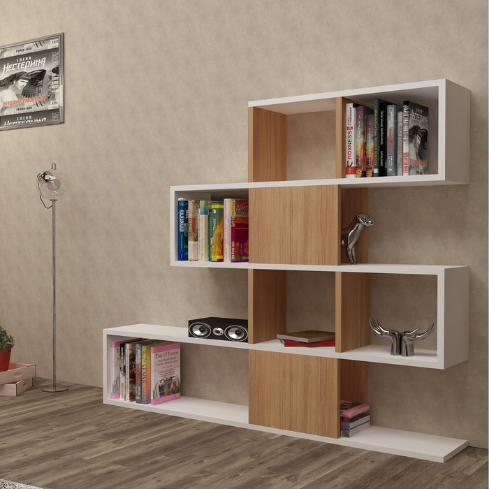 The Range | Decorotika Karlin Asymmetric Bookcase Bookshelf Shelving Unit with Cabinets - White / Teak&White / 20cm Decorotika Karlin Asymmetric Bookcase Bookshelf Shelving Unit with Cabinets - White / Teak&White / 20cm