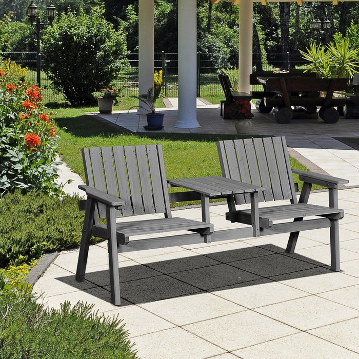 The Range | Outsunny Fir Wood 2 Seat Bench with Table - Silver Outsunny Fir Wood 2 Seat Bench with Table - Silver