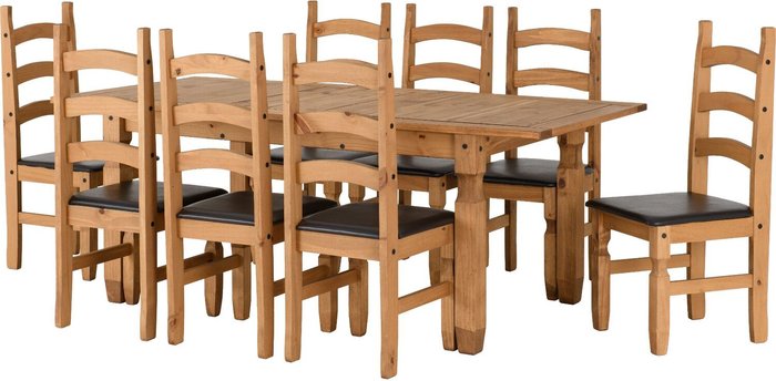 The Range | Seconique Corona Extending Dining Set 8 Chairs Brown PU - Distressed waxed pine Seconique Corona Extending Dining Set 8 Chairs Brown PU - Distressed waxed pine