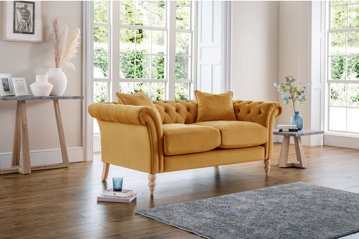 The Range | FurnitureboxUK Olivia 2 Seater Velvet Chesterfield Sofa - Mustard FurnitureboxUK Olivia 2 Seater Velvet Chesterfield Sofa - Mustard