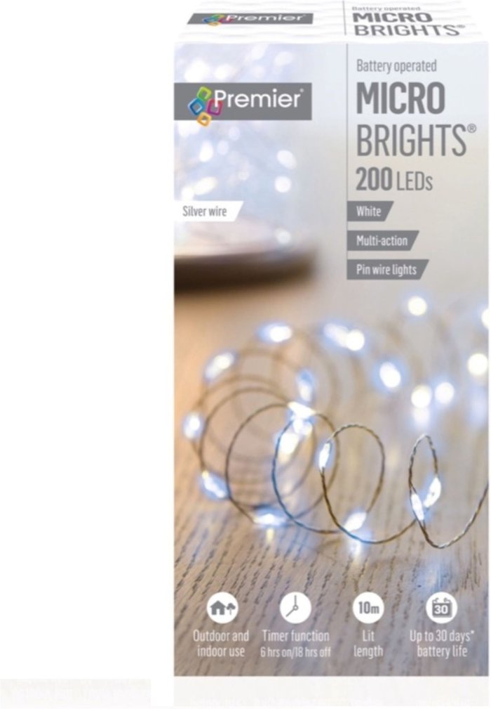 The Range | Premier 200 LED Wire Lights White Christmas String Micro Bright Battery With Timer 10M - White Premier 200 LED Wire Lights White Christmas String Micro Bright Battery With Timer 10M - White