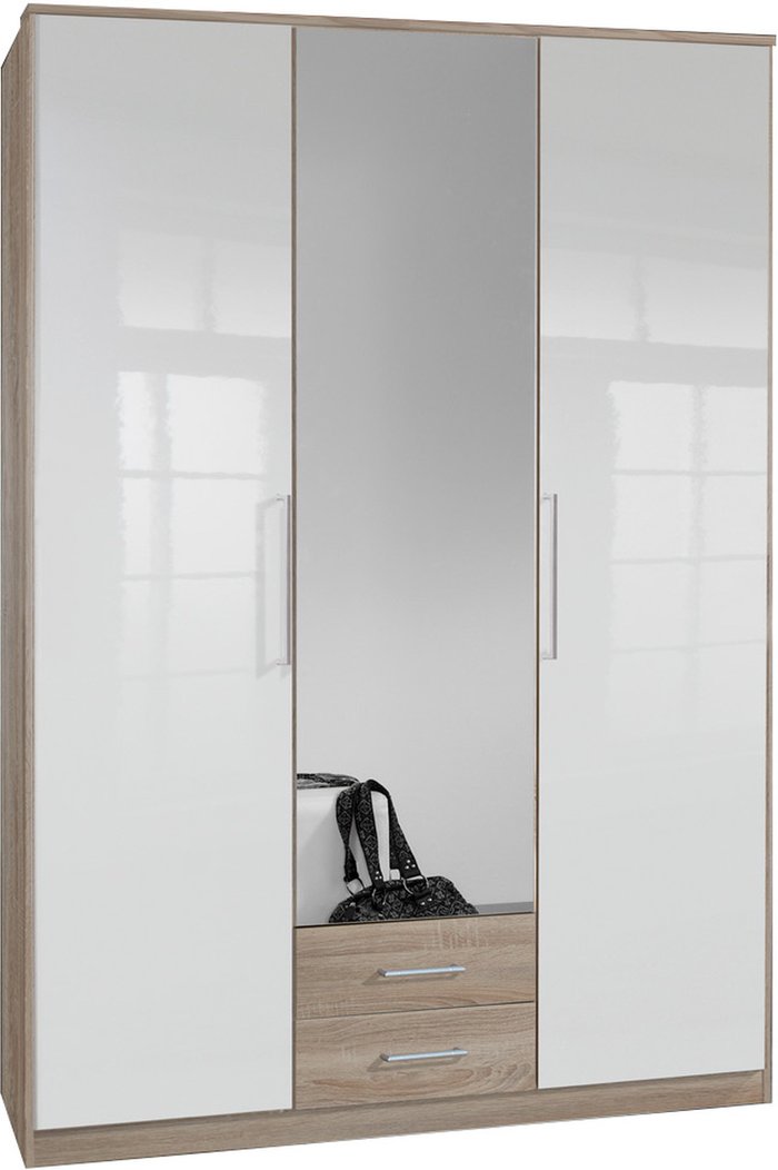 The Range | Tj's Gamma 3 Door 2 Drawer Mirror Wardrobe - Gloss White And Oak Tj's Gamma 3 Door 2 Drawer Mirror Wardrobe - Gloss White And Oak