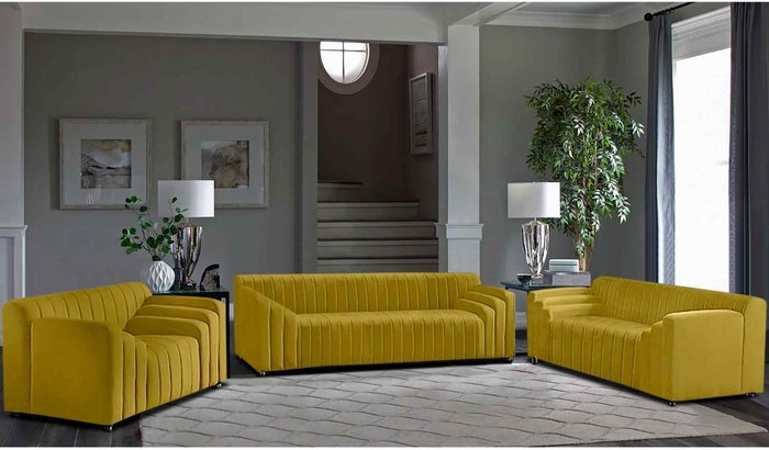 The Range | Simply Eleganza Jessica 3 Piece Flued Sofa Set in Velour Fabric - Yellow Simply Eleganza Jessica 3 Piece Flued Sofa Set in Velour Fabric - Yellow