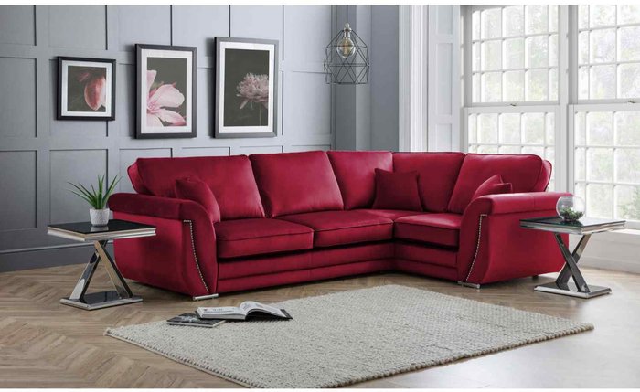 The Range | Simply Eleganza Luca Full Back L Shape Right Hand Corner Sofa Velvet Beading - Red Simply Eleganza Luca Full Back L Shape Right Hand Corner Sofa Velvet Beading - Red