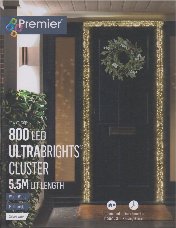 The Range | Premier Decorations Premier Decorations 5.5M 800 Multi Action Ultrabrights Cluster With Warm White LEDs Premier Decorations Premier Decorations 5.5M 800 Multi Action Ultrabrights Cluster With Warm White LEDs