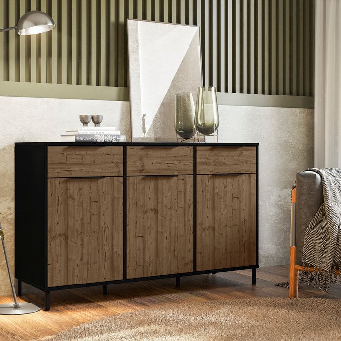 The Range | MADRID Madrid 3 Door Sideboard - Black Acacia Effect - Black Acacia MADRID Madrid 3 Door Sideboard - Black Acacia Effect - Black Acacia