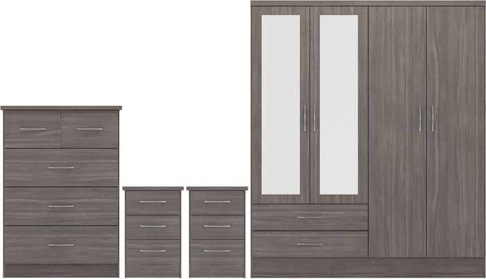 The Range | Seconique Nevada 4 Door 2 Drawer Mirrored Wardrobe Bedroom Set - Black Wood Grain Seconique Nevada 4 Door 2 Drawer Mirrored Wardrobe Bedroom Set - Black Wood Grain