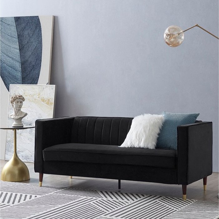 The Range | GRS Thom Velvet Fabric 3 Seater Sofa With Metal Tipped Legs - Black Velvet GRS Thom Velvet Fabric 3 Seater Sofa With Metal Tipped Legs - Black Velvet