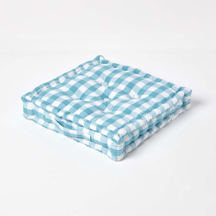 The Range | Homescapes Homescapes Cotton Block Check Floor Cushion - Blue / 50cm Homescapes Homescapes Cotton Block Check Floor Cushion - Blue / 50cm