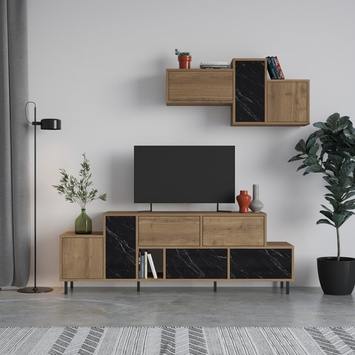 The Range | Decortie Hermes Modern Tv Unit With Wall Storage Unit - Black Marble Effect Decortie Hermes Modern Tv Unit With Wall Storage Unit - Black Marble Effect