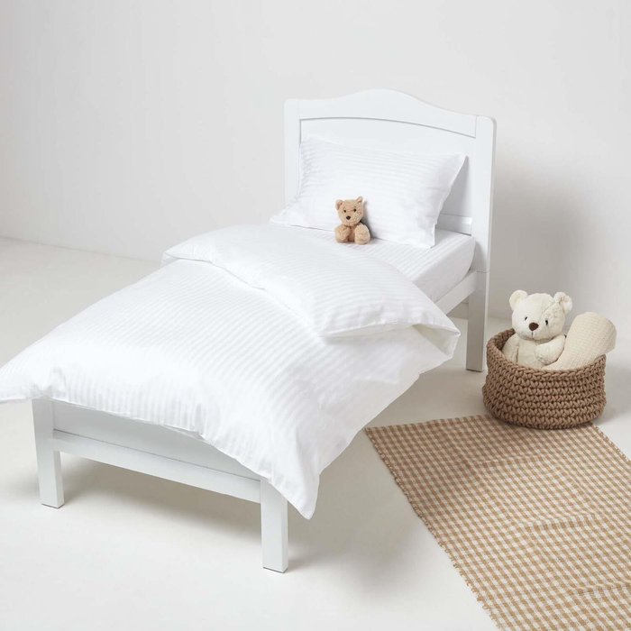 The Range | Homescapes Satin Striped Egyptian Cotton Cot Bed Duvet Cover Set with Pillowcase 330 TC - White Homescapes Satin Striped Egyptian Cotton Cot Bed Duvet Cover Set with Pillowcase 330 TC - White
