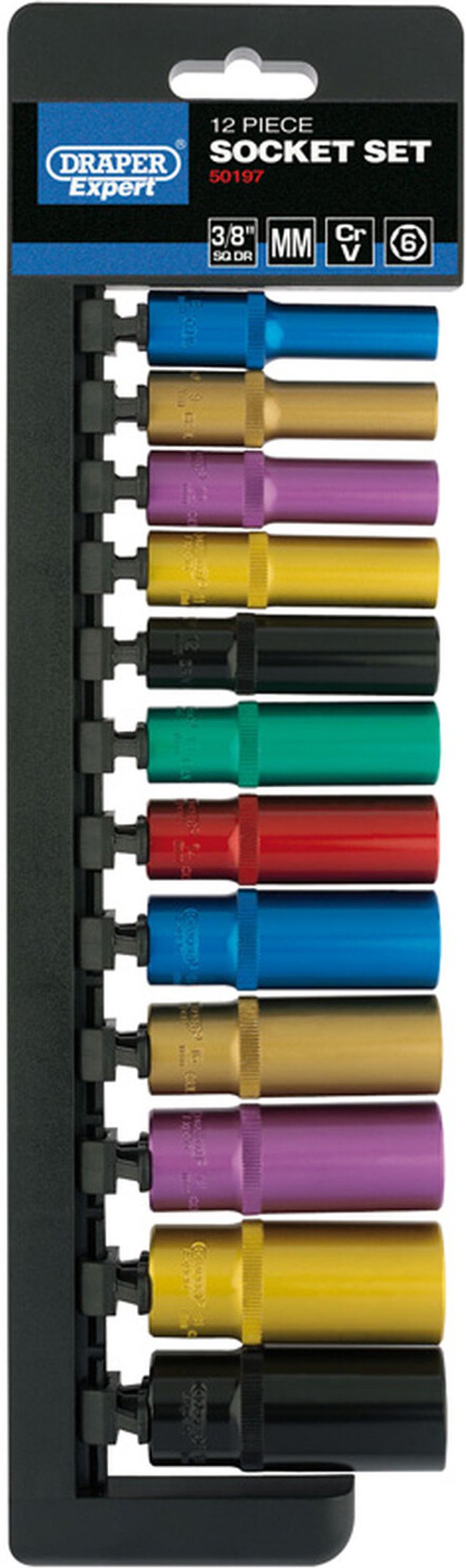 The Range | Draper 3/8' Sq. Dr. Metric Coloured Deep Socket Set (12 Piece) (50197) - Draper Draper 3/8' Sq. Dr. Metric Coloured Deep Socket Set (12 Piece) (50197) - Draper