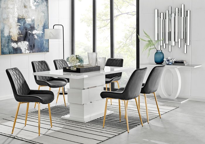 The Range | FurnitureboxUK Apollo Table With Six Pesaro Gold Leg Chairs - Black FurnitureboxUK Apollo Table With Six Pesaro Gold Leg Chairs - Black