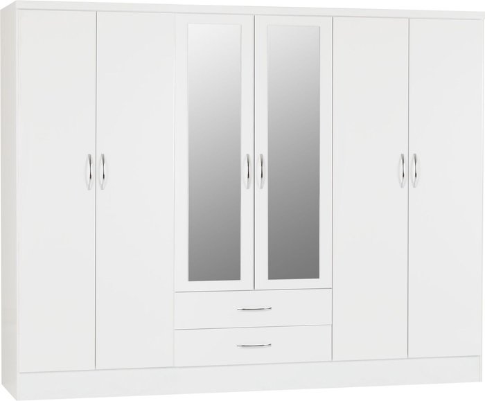 The Range | Seconique Nevada 6 Door 2 Drawer Mirrored Wardrobe - White Seconique Nevada 6 Door 2 Drawer Mirrored Wardrobe - White