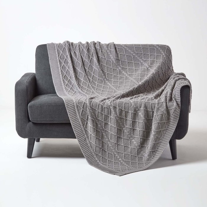 The Range | Homescapes Grey Diamond Cable Knit Cotton Throw - Grey Homescapes Grey Diamond Cable Knit Cotton Throw - Grey